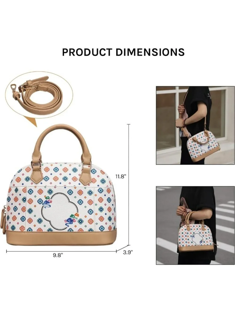 Vegan Leather Satchel Purse for Women, Classic Dome Handbag with Detachable